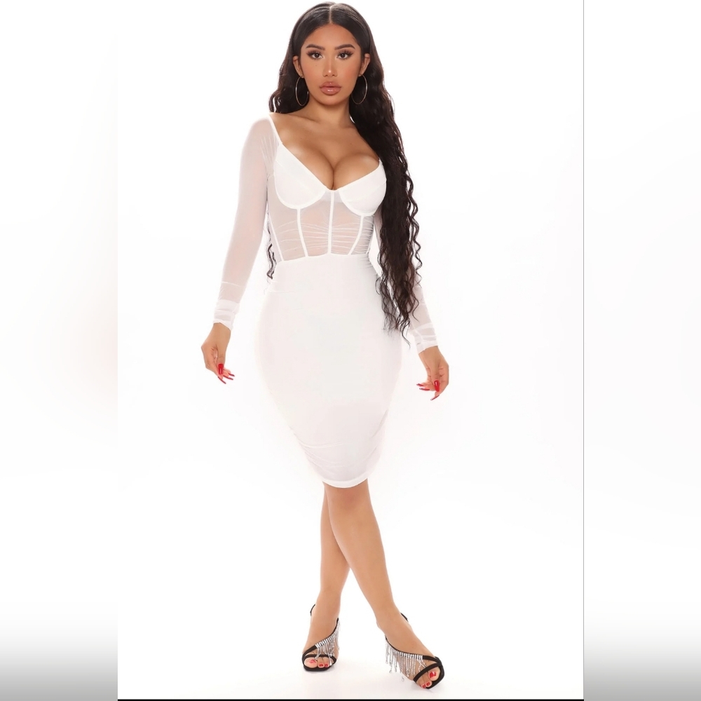 White Ruched Mesh Mini Dress
